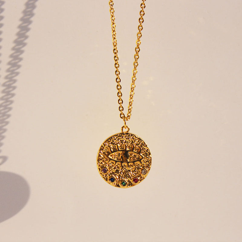 Wholesale Copper Eye Medal Pendant Double Stacked Necklace