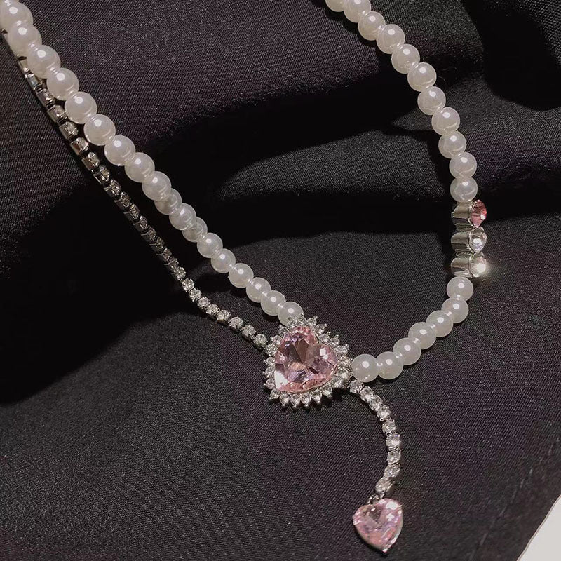 Wholesale Pink Love Gem Pearl Necklace Set