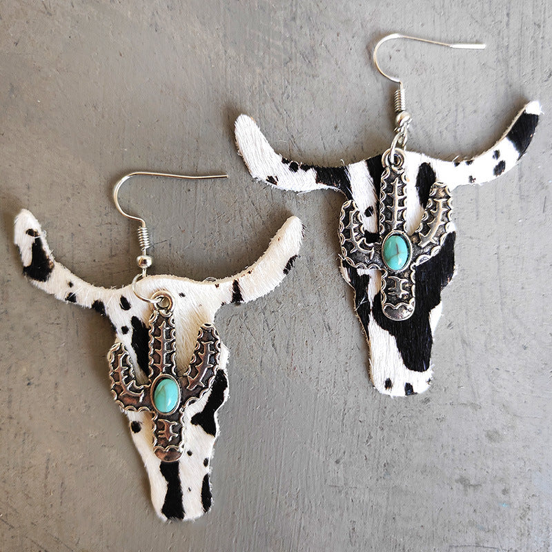 Wholesale 2 Pairs/Pack Leopard Cow Pattern Cactus Bull Head Alloy Leather Earrings