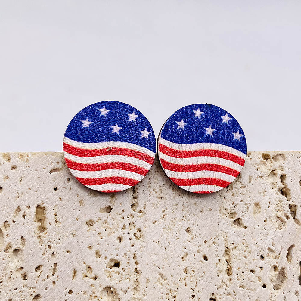 Venta al por mayor Pendientes de botón de madera de la bandera americana del Día de la Independencia