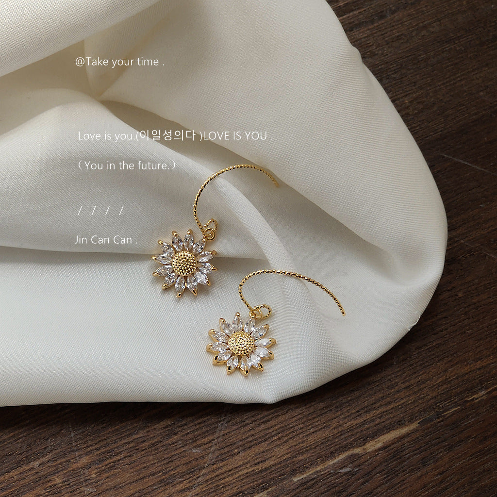Wholesale Zircon Inlaid Sunflower Alloy Earrings