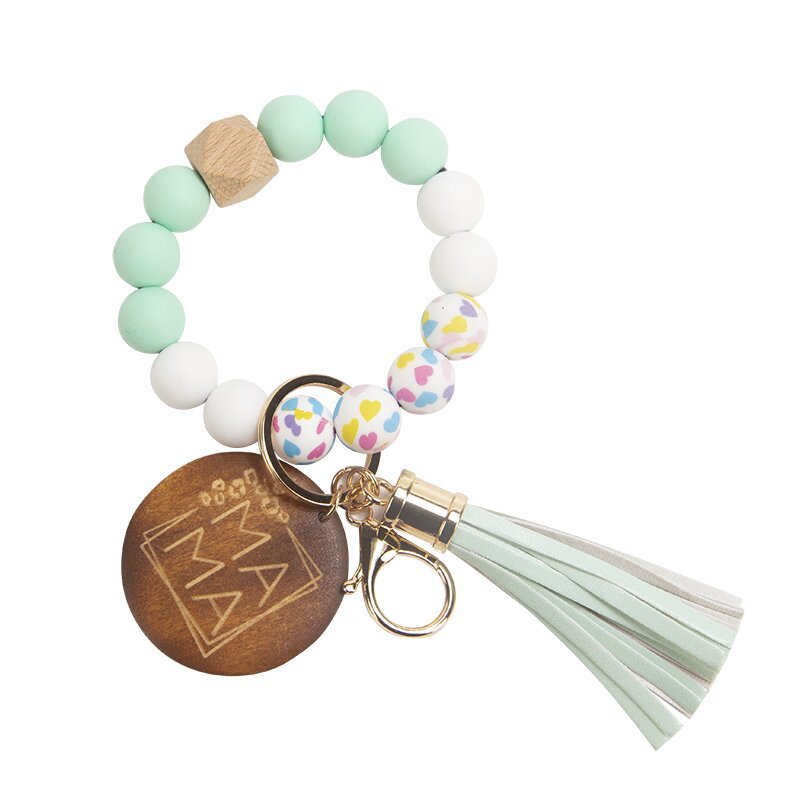 Wholesale Mother's Day Gifts MAMA Wood Chips Pendant Silicone Beads Bracelet Key Chain