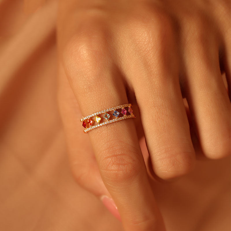 Wholesale Rhombus Colorful Zircon Gold Plated Copper Rings