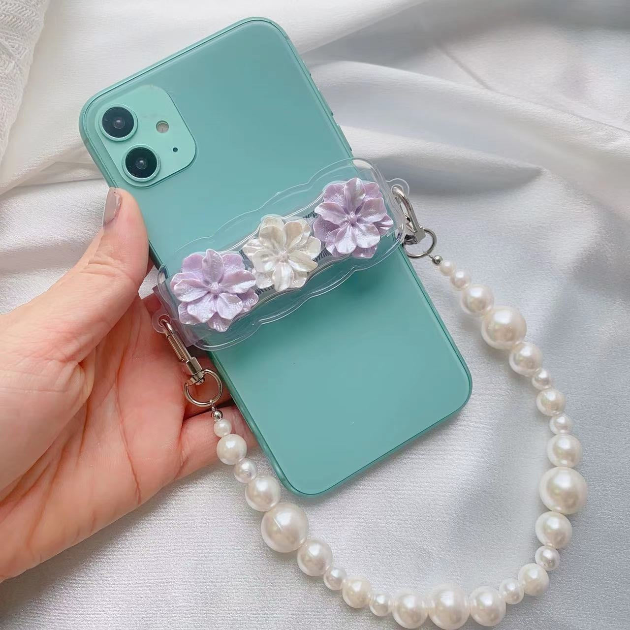 Venta al por mayor, cadena de plástico, mariposa creativa, flor de perla, carcasa de teléfono móvil, Clip trasero