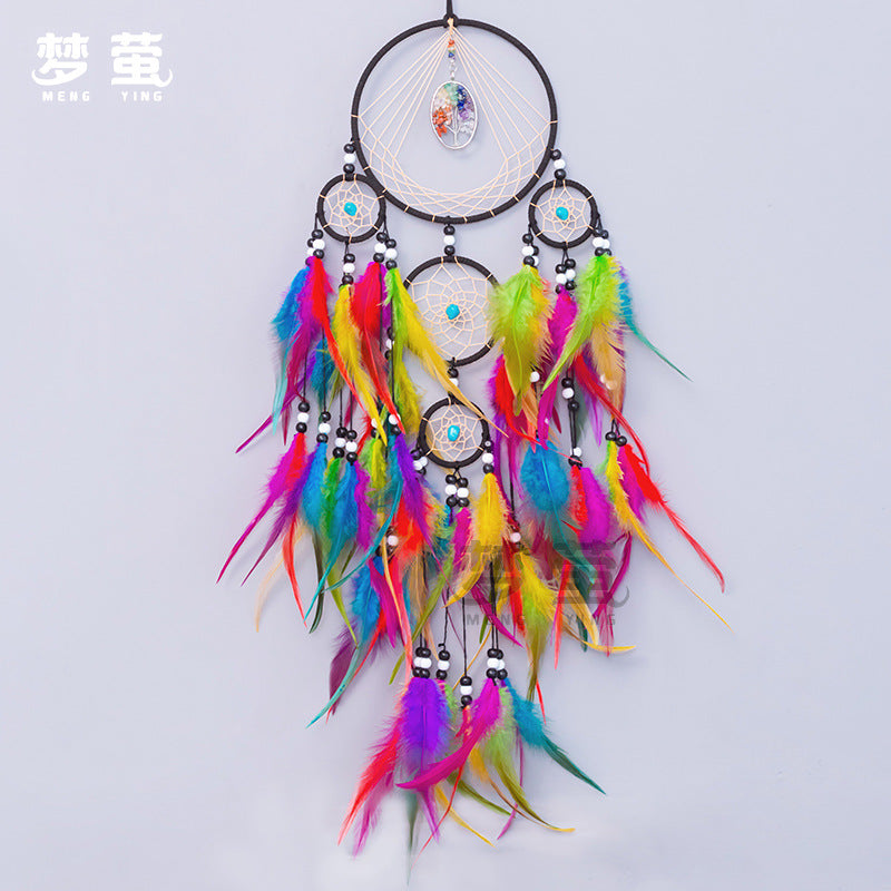 Wholesale colorful dream catcher wind chime natural crystal feather decoration