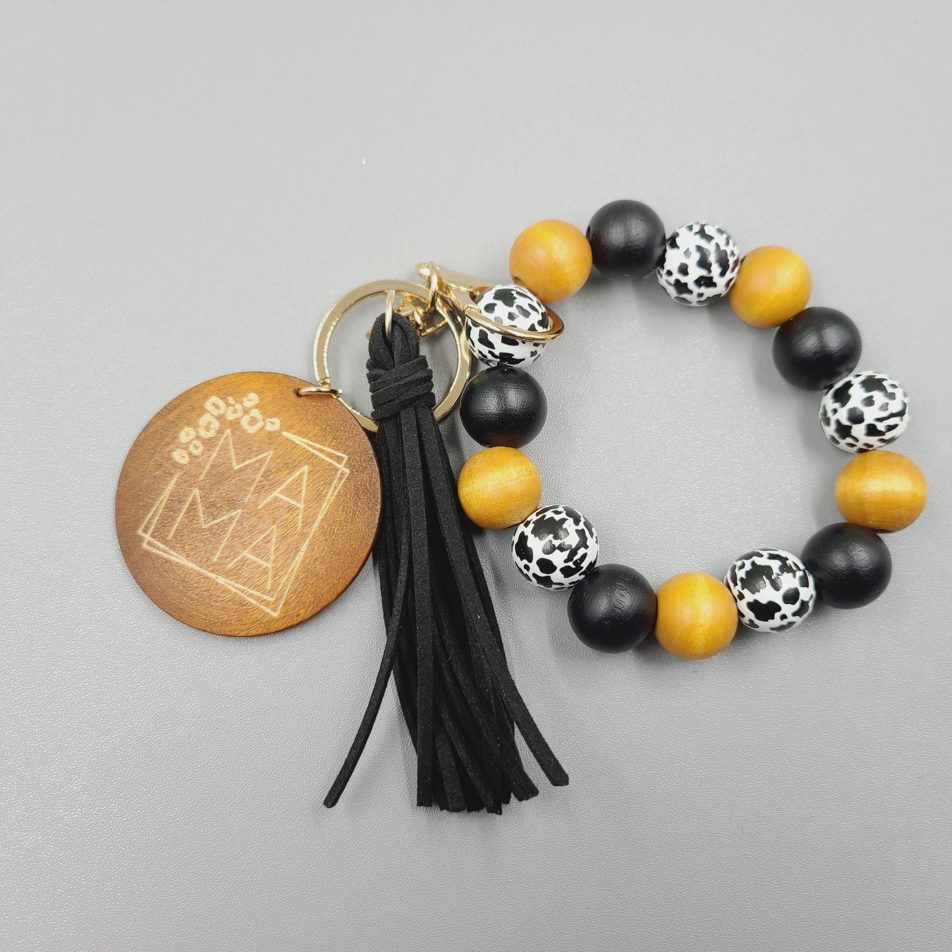 Wholesale 5pcs/pack MAMA Mother's Day Leopard Tassel Silicone Beaded Wrist Keychain