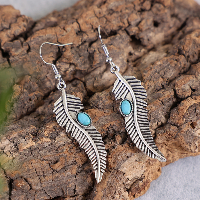Wholesale Vintage Turquoise Feather Alloy Earrings