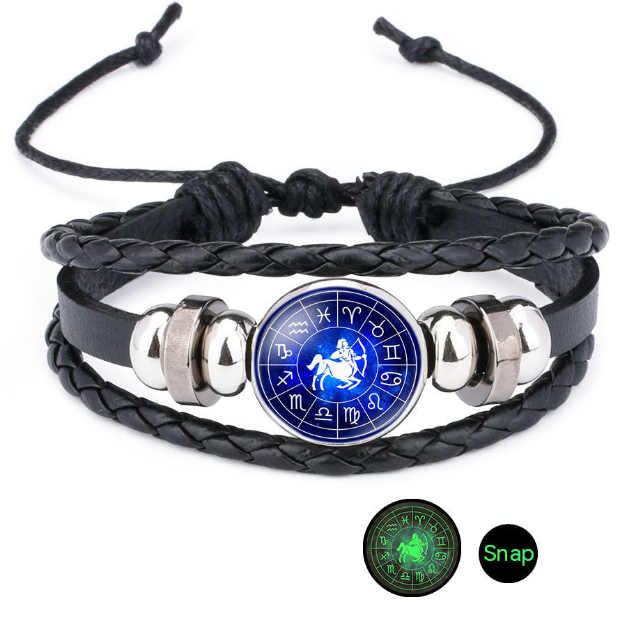 Wholesale Luminous 12 Constellation Time Gems Leather Bracelet