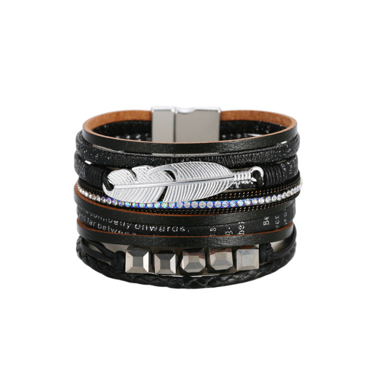 Wholesale Bohemian Crystal Feather Leather Bracelet