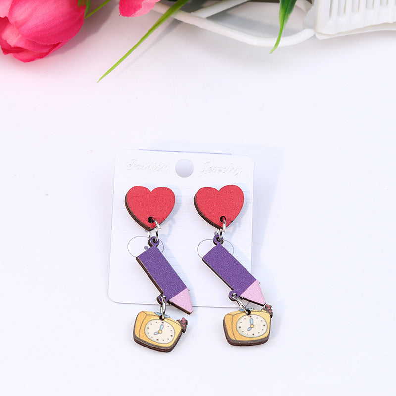 Wholesale Teacher's Day Pen Stripe Heart Wood Ear Studs