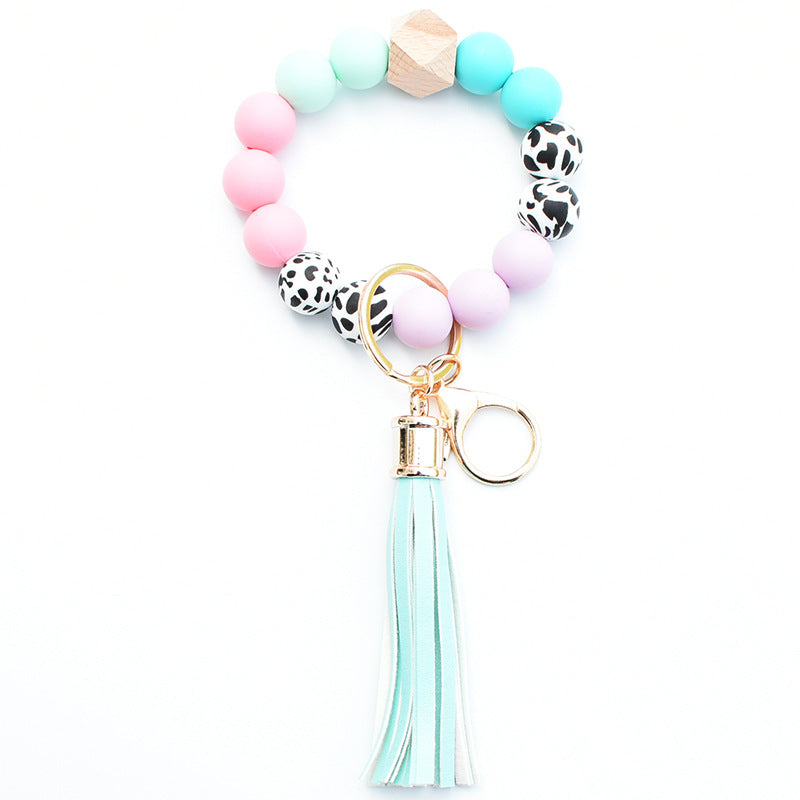 Wholesale Silicone Leopard Pattern Beaded Tassel Wrist Keychain