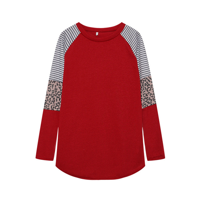 Wholesale Polyester Leopard Print Color Striped Round Neck Long Sleeves