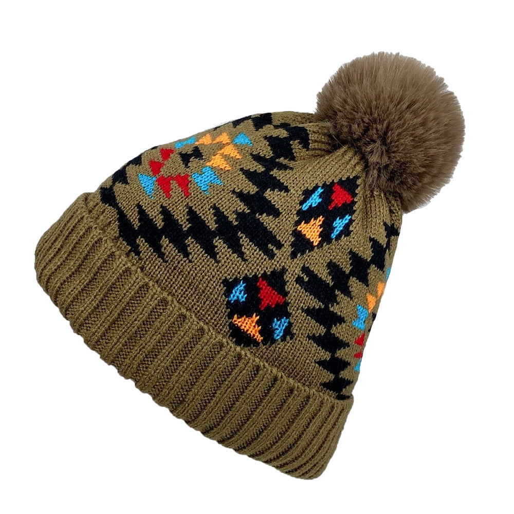 Wholesale Autumn and Winter Plush Women's Aztec Pattern Warm Wool Ball Knitted Wool Hat