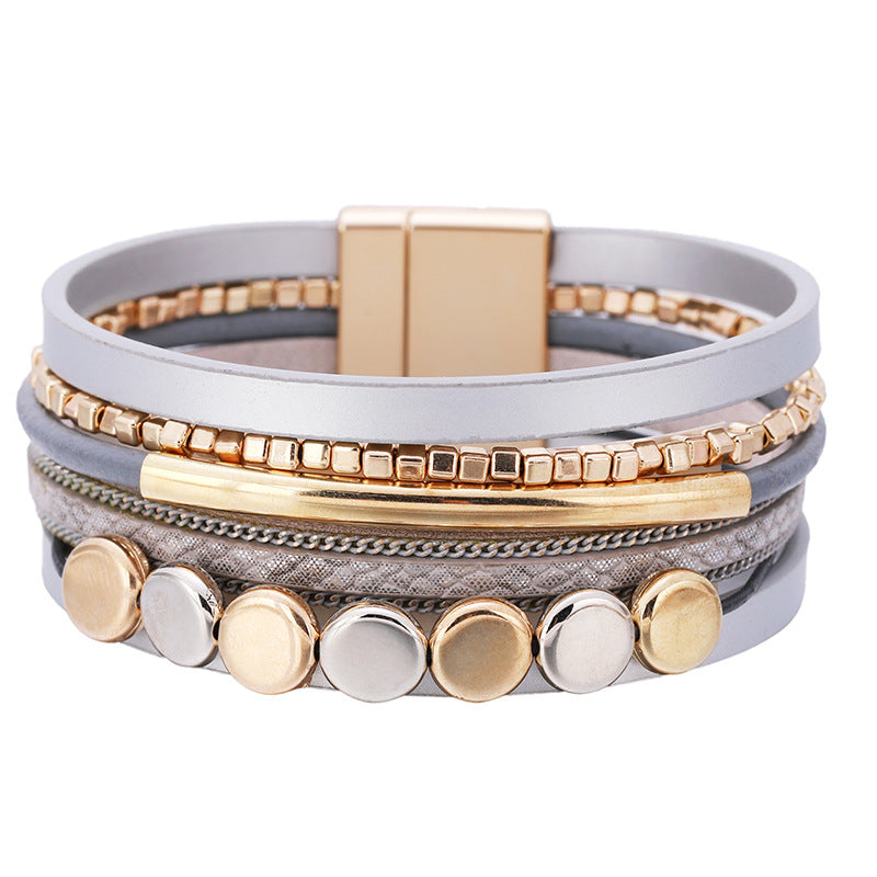 Wholesale Vintage Multi-layer Magnetic Buckle Leather Bracelet