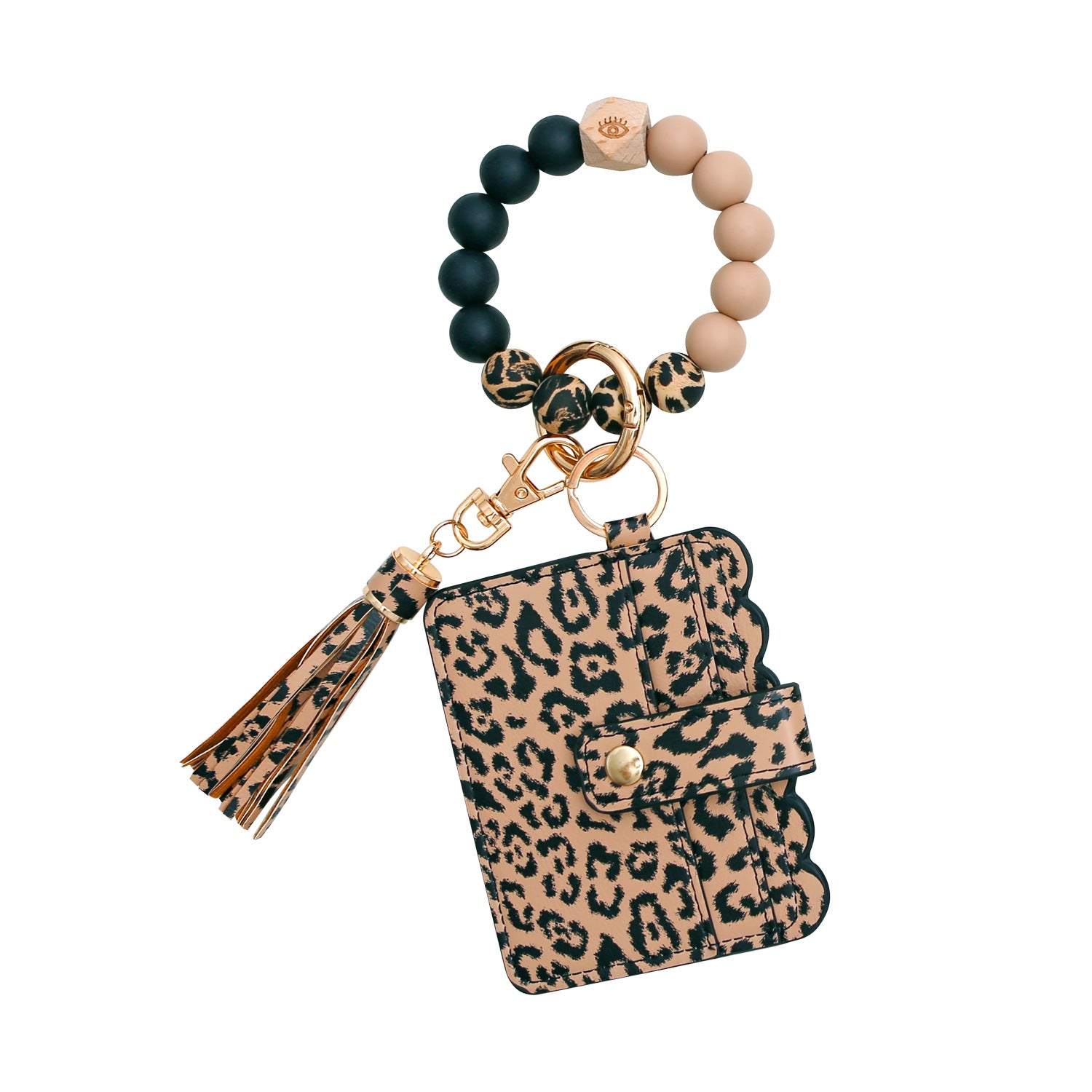 Venta al por mayor Llavero con cuentas de silicona y portatarjetas de leopardo