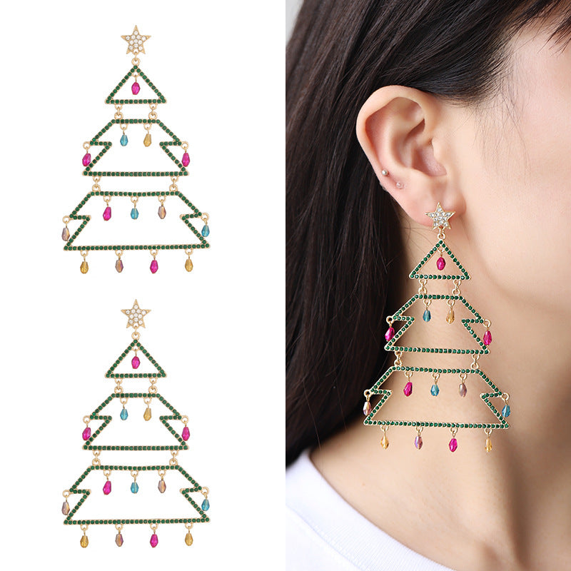 Wholesale Christmas Tree Diamond Copper Earrings