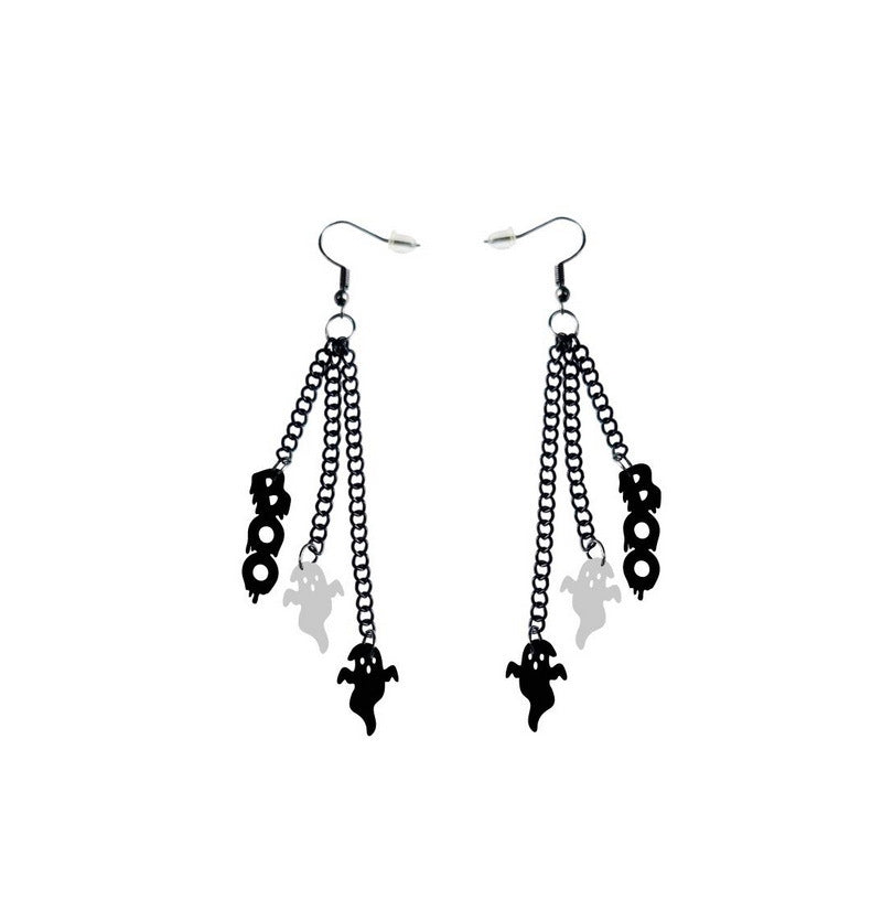 Wholesale Wholesale Halloween Acrylic Black Chain Bat Skeleton Spider Pumpkin Coffin BOO Ghost Earrings