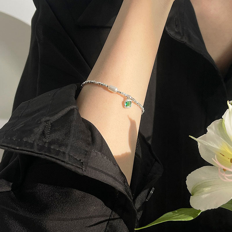 Wholesale 925 Sterling Silver Green Diamond Pendant Pearl Bracelet