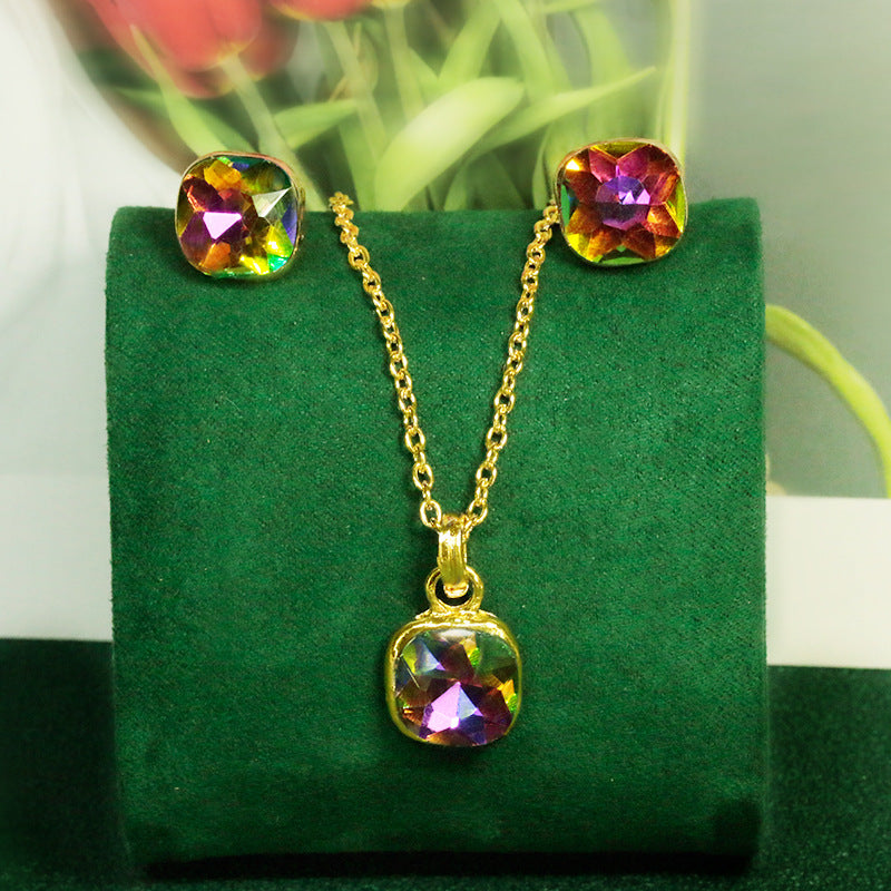 Wholesale Seven Colored Square Diamond Alloy Earrings Jewelry Set