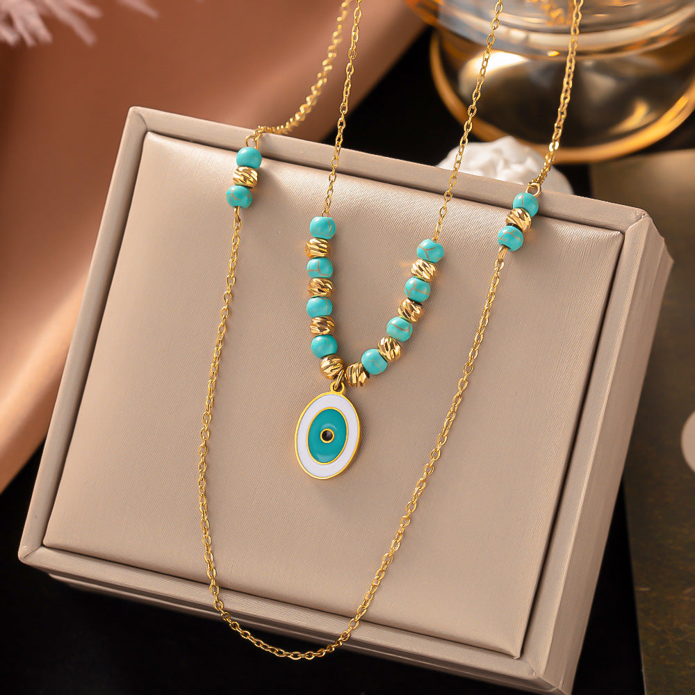 Wholesale Titanium Steel Layered Wear Drop Turquoise Necklace