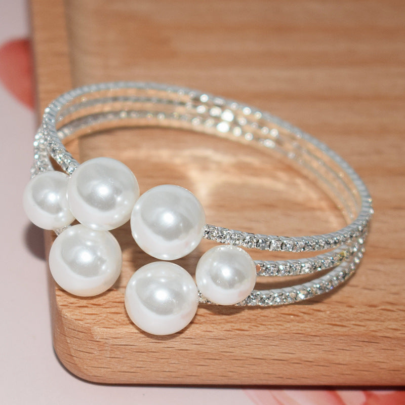 Wholesale Pearl Rhinestone Multilayer Opening Bracelet