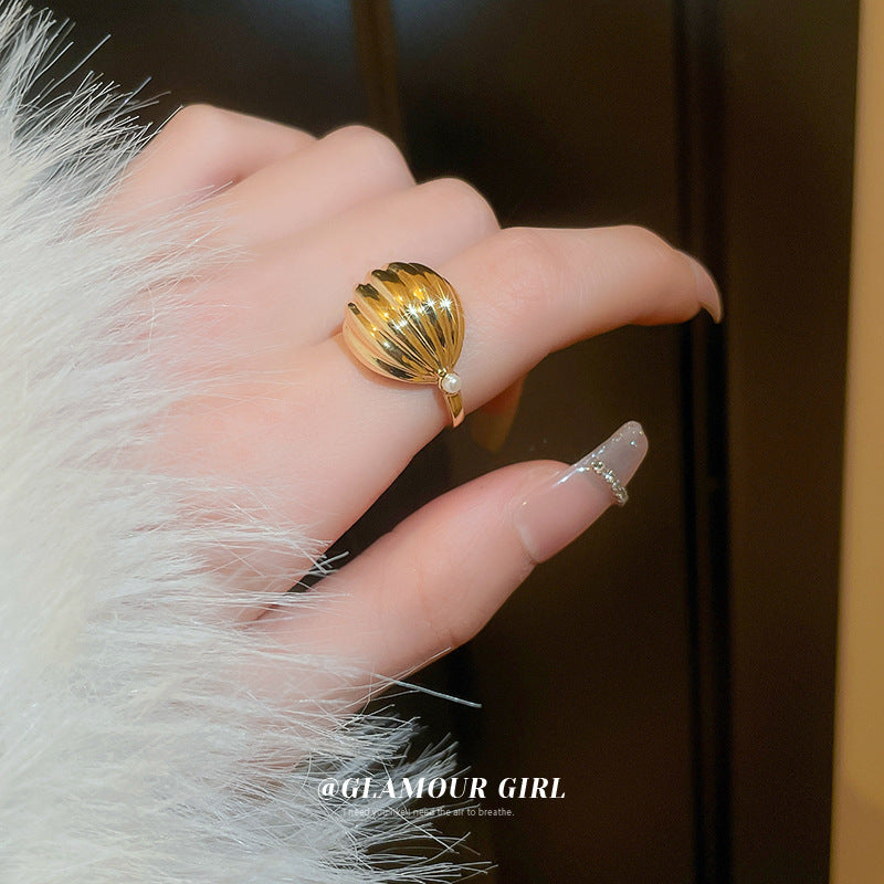 Wholesale Real Gold Plated Pearl Stripes Open Rings Alloy
