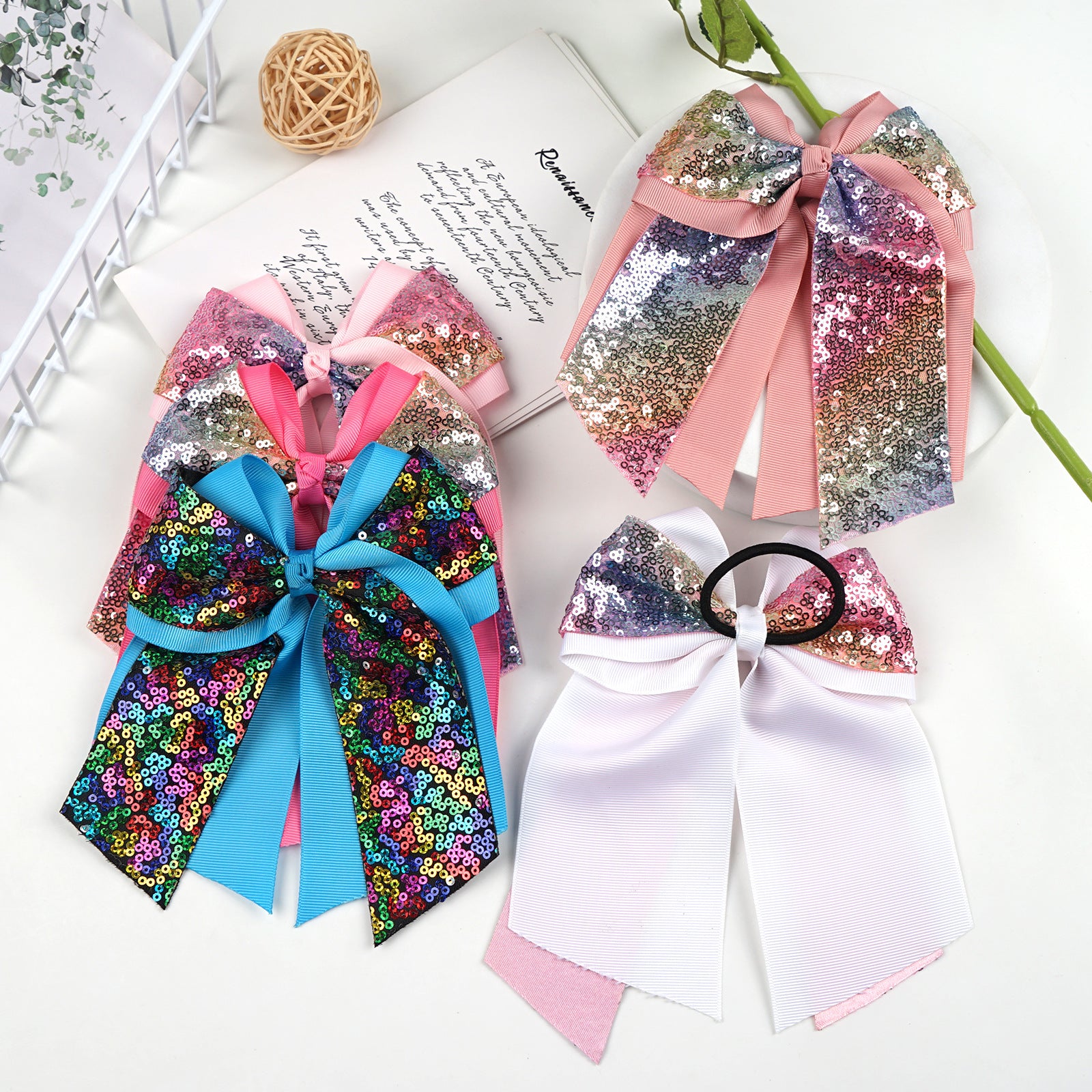 Wholesale 6inch Double Layer Large Swallowtail Sequin Bow Hair Tie