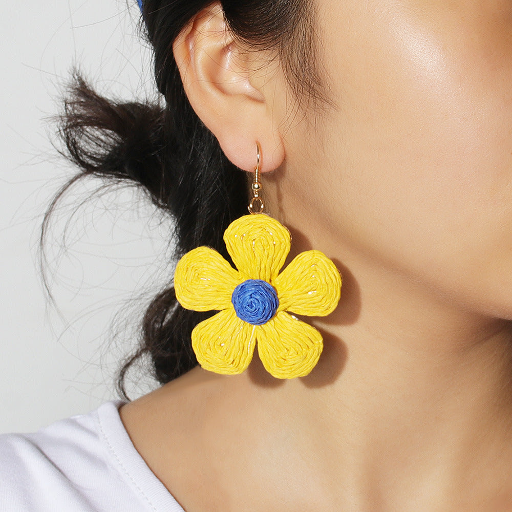 Wholesale Vacation Style Braided Flowers Straw Rope Earrings