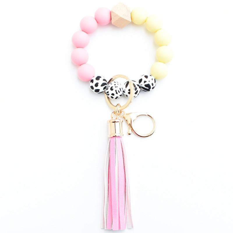 Wholesale Silicone Leopard Pattern Beaded Tassel Wrist Keychain