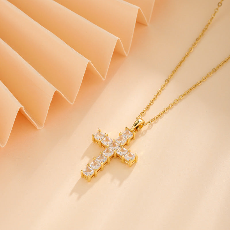 Wholesale Stainless Steel Full Diamond Square Zircon Cross Pendant Necklace