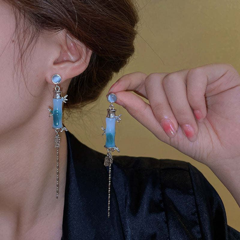 Nuevos pendientes de aleación de borla de bambú verde de estilo chino al por mayor