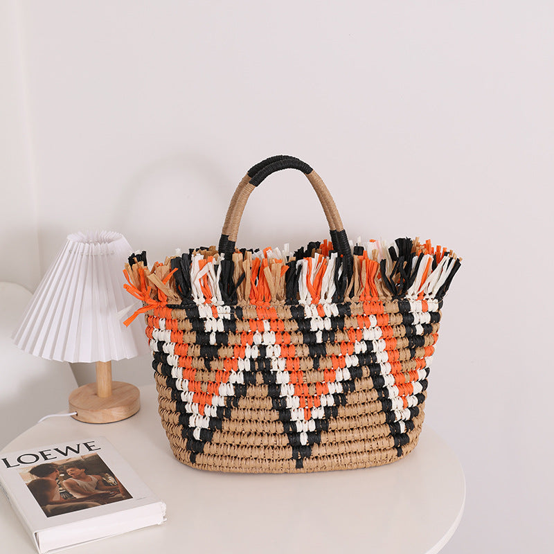 Wholesale Straw Color Block Beach Bag