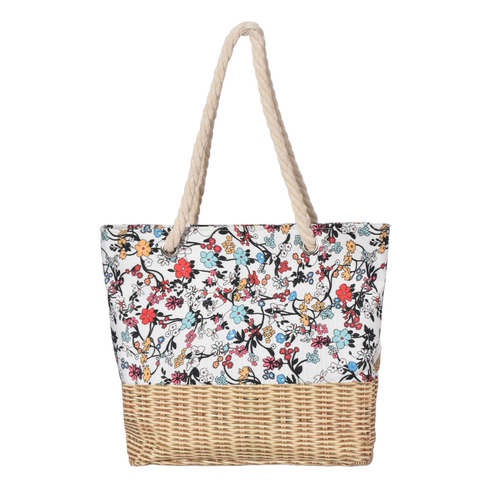 Bolsa de playa de gran capacidad con cremallera de cuerda gruesa con estampado de lona de bambú de paja al por mayor