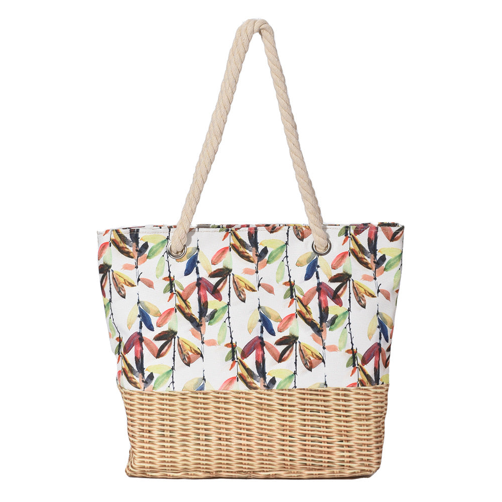 Bolsa de playa de gran capacidad con cremallera de cuerda gruesa con estampado de lona de bambú de paja al por mayor