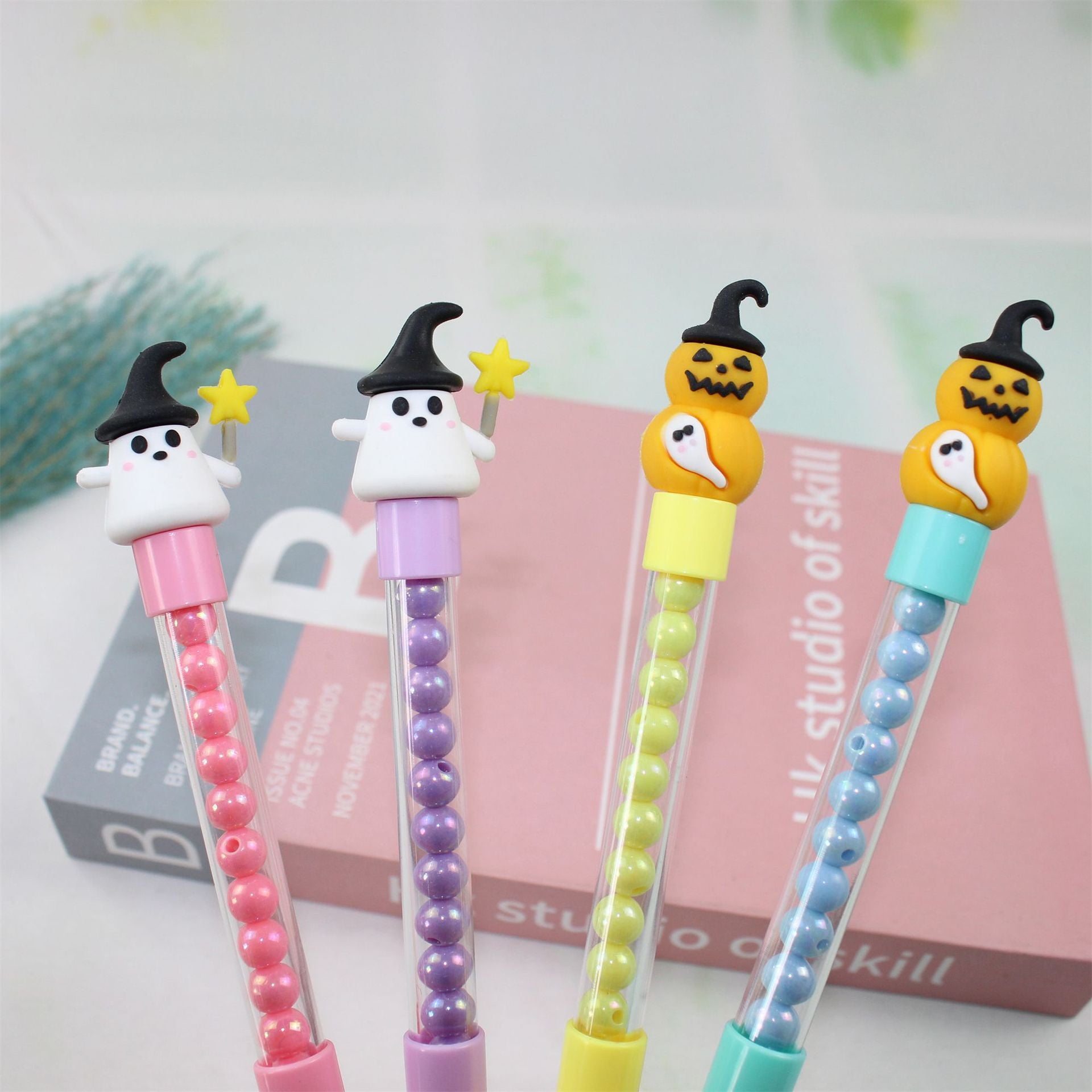 Wholesale 12PCS Creative Halloween Pumpkin Lantern Series Colorful Ball Beads Plastic Gel Pens