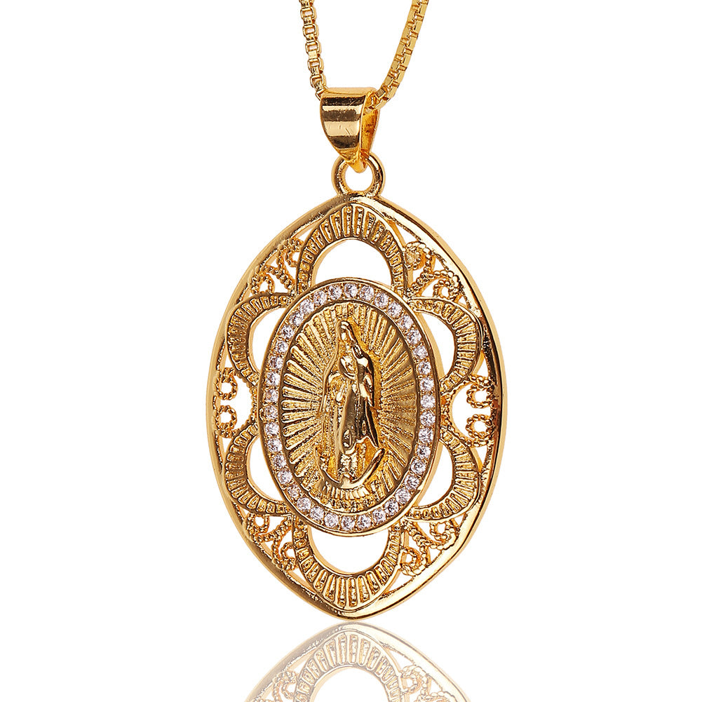 Wholesale Copper Geometric Hollow Pattern Virgin Mary Pendant Necklace
