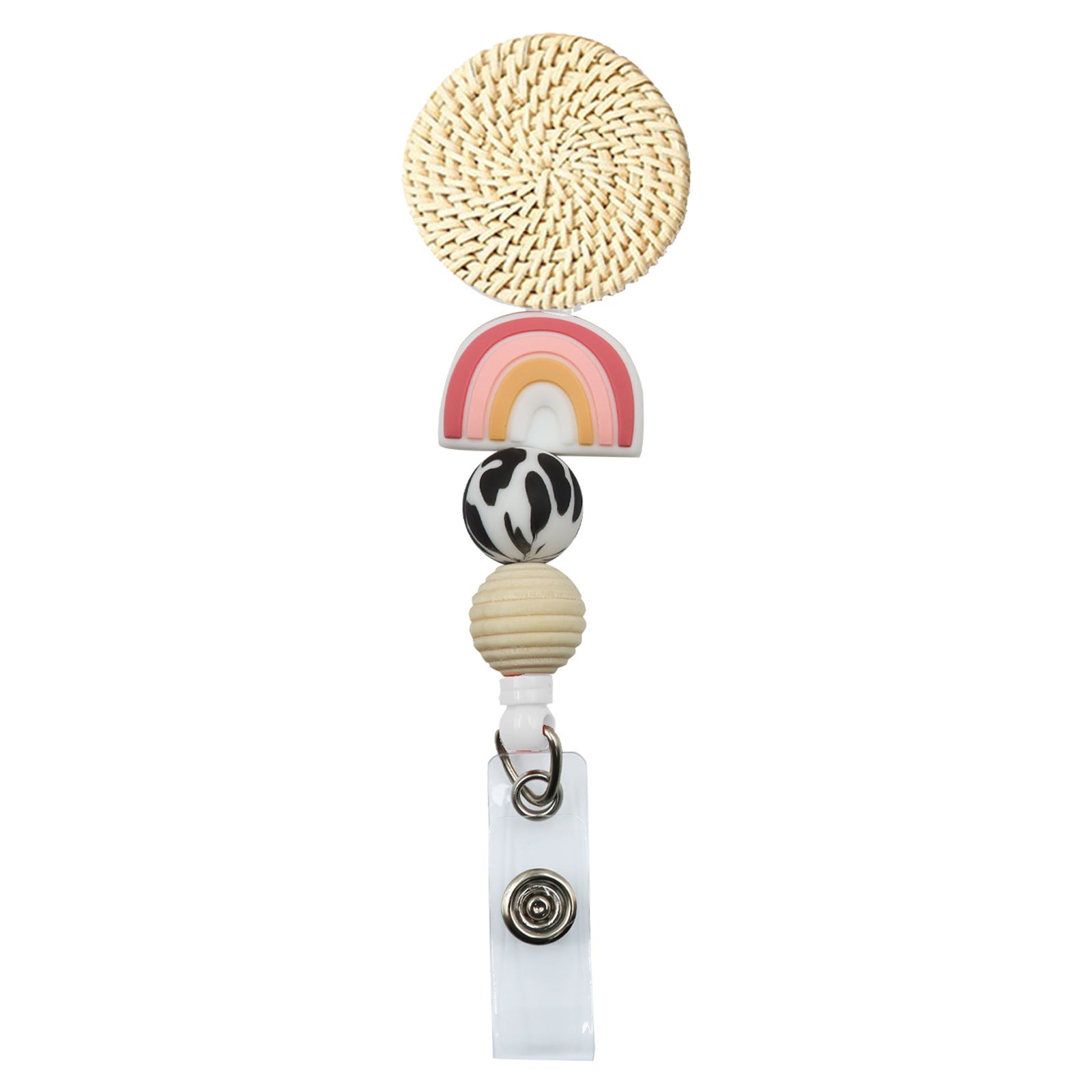 Wholesale Badge Reels Rattan Silicone Beads Rainbow retractable keychain