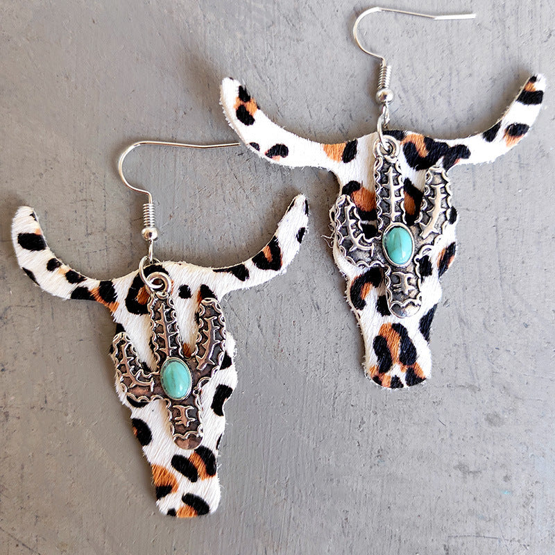 Wholesale 2 Pairs/Pack Leopard Cow Pattern Cactus Bull Head Alloy Leather Earrings