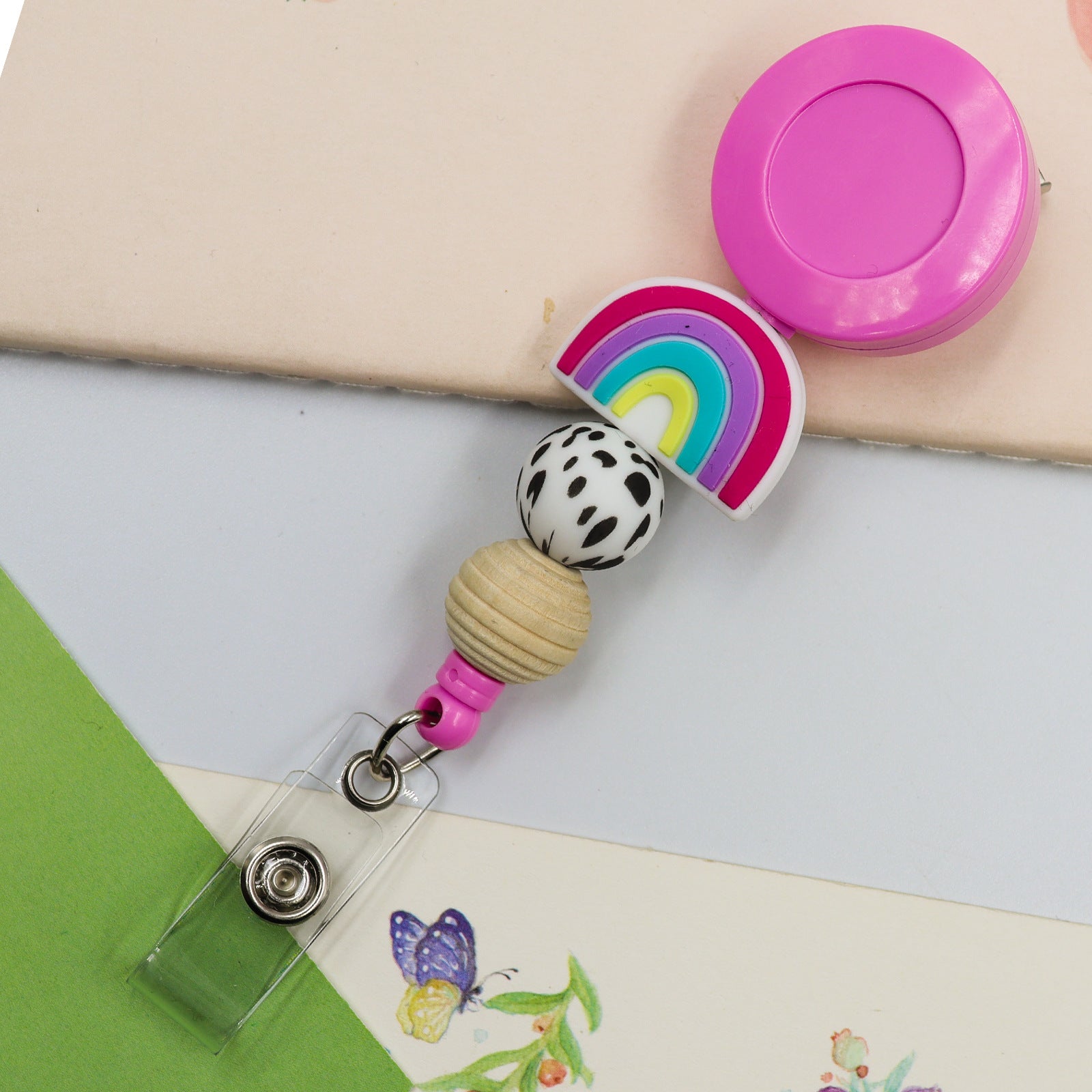 Wholesale Badge Reels Silicone Beaded Rainbow Retractable Keychain