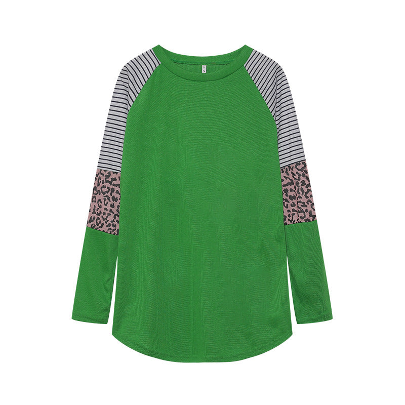 Wholesale Polyester Leopard Print Color Striped Round Neck Long Sleeves