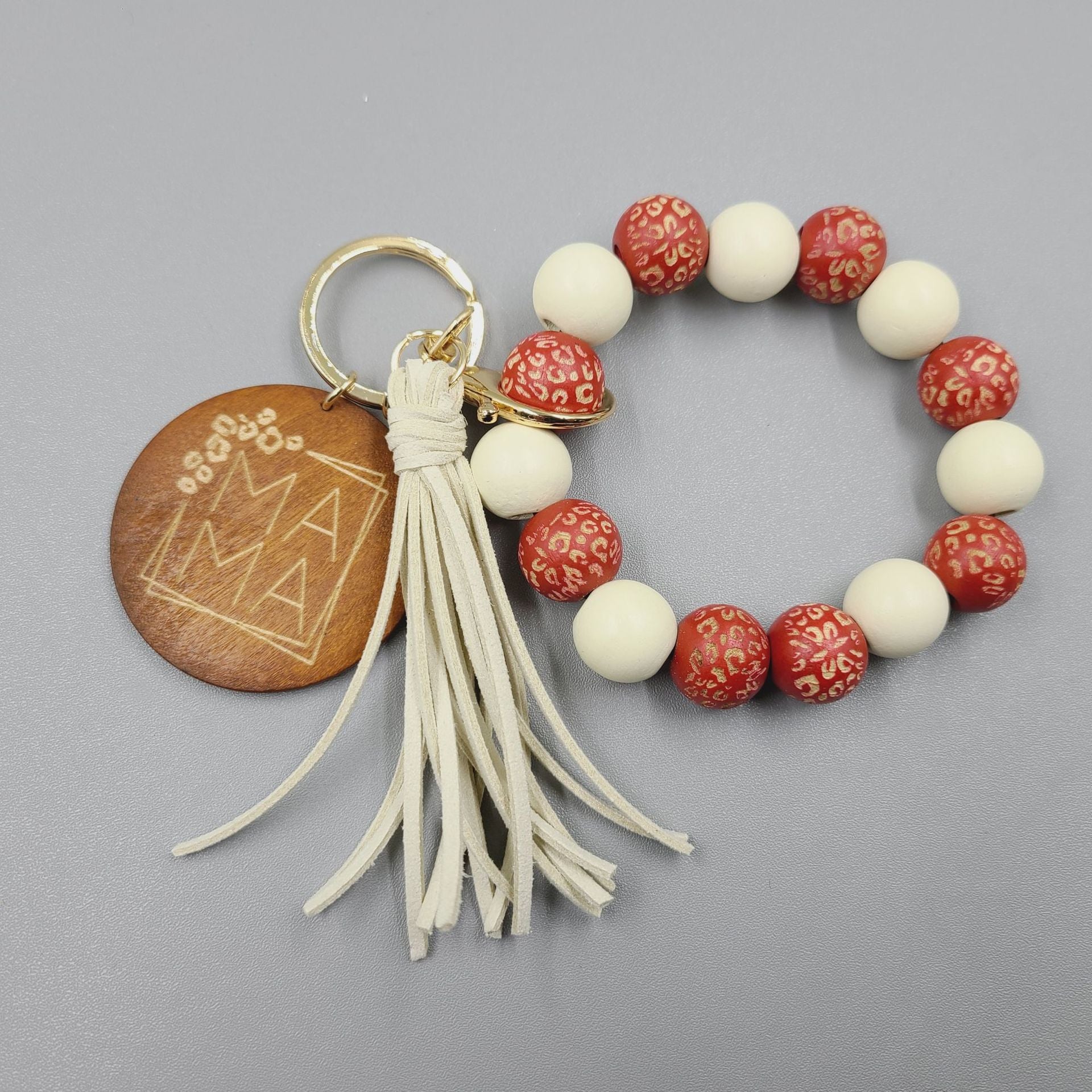 Wholesale 5pcs/pack MAMA Mother's Day Leopard Tassel Silicone Beaded Wrist Keychain