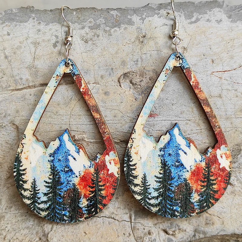 Wholesale 2 Pairs/Pack Distressed Forest Snow Mountain Wood Earrings
