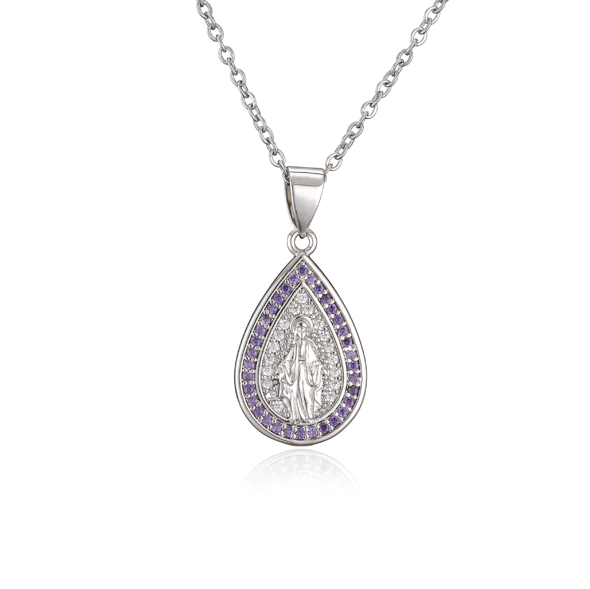 Venta al por mayor Collar de Virgen María en forma de gota de diamante de color micro pavimentado de cobre