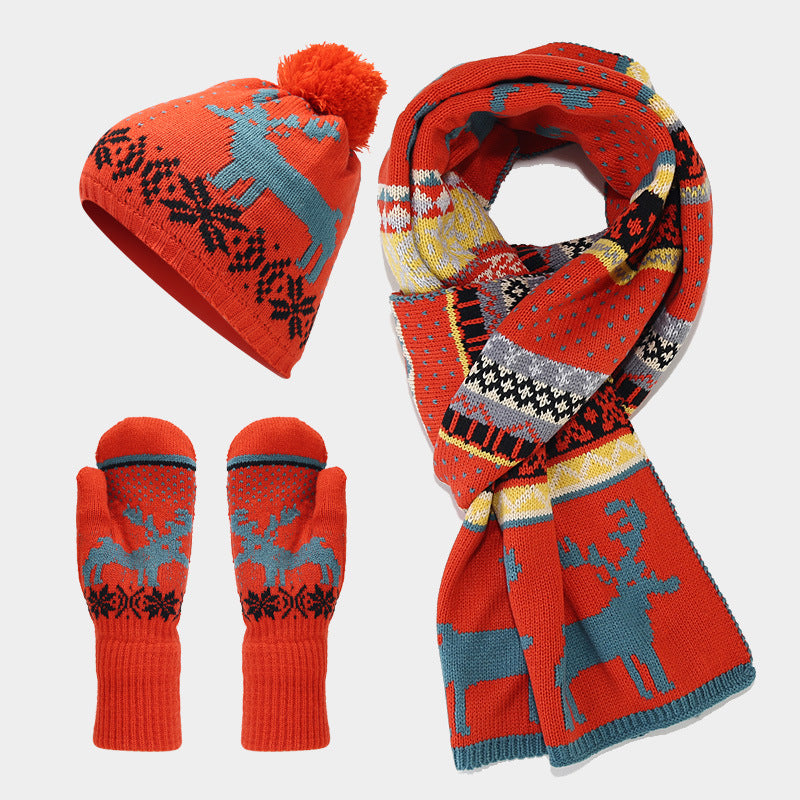 Wholesale Christmas Elk Jacquard Knit Hat Scarf Gloves Set