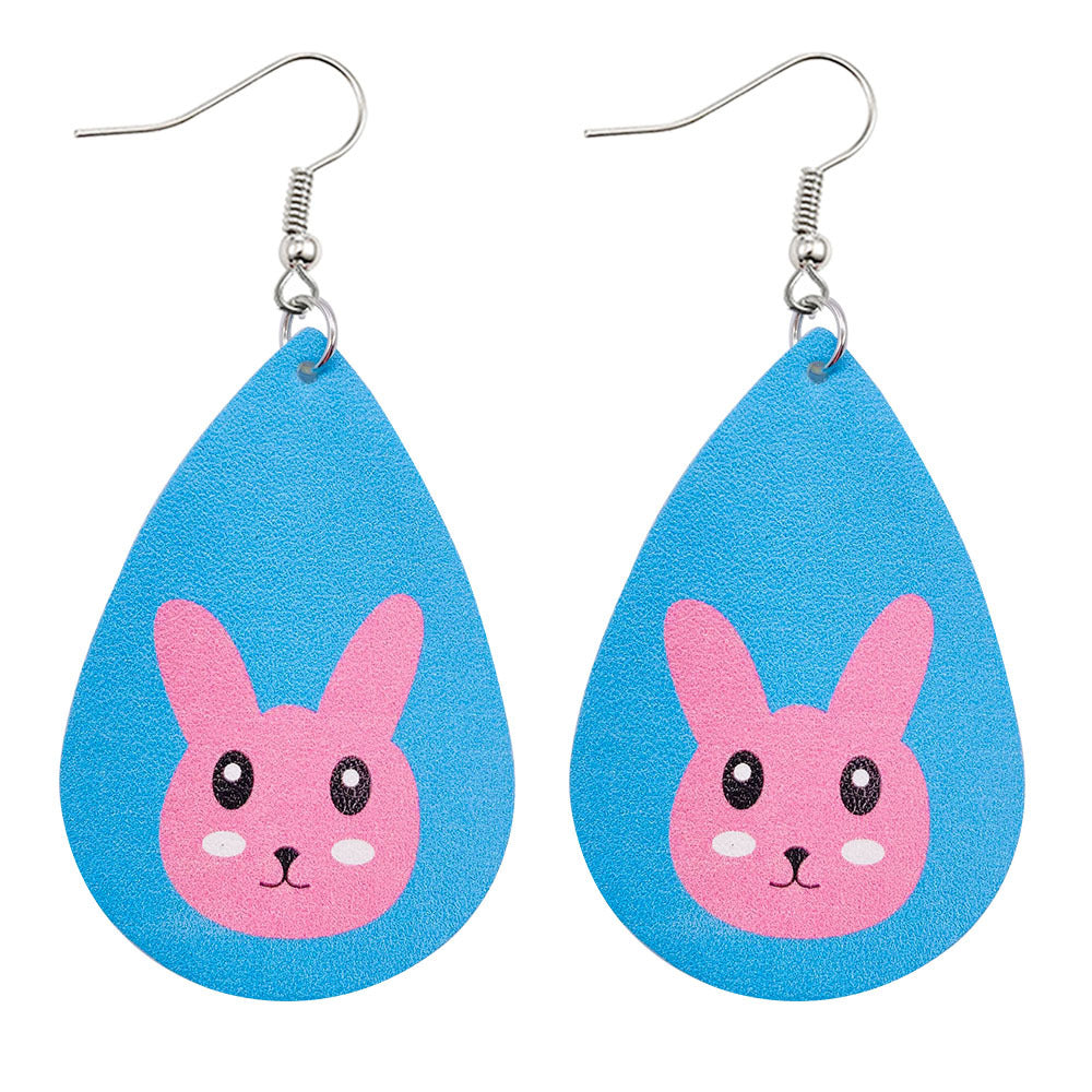 Joyas al por mayor Pendientes de piel sintética con estampado reversible de conejito de Pascua
