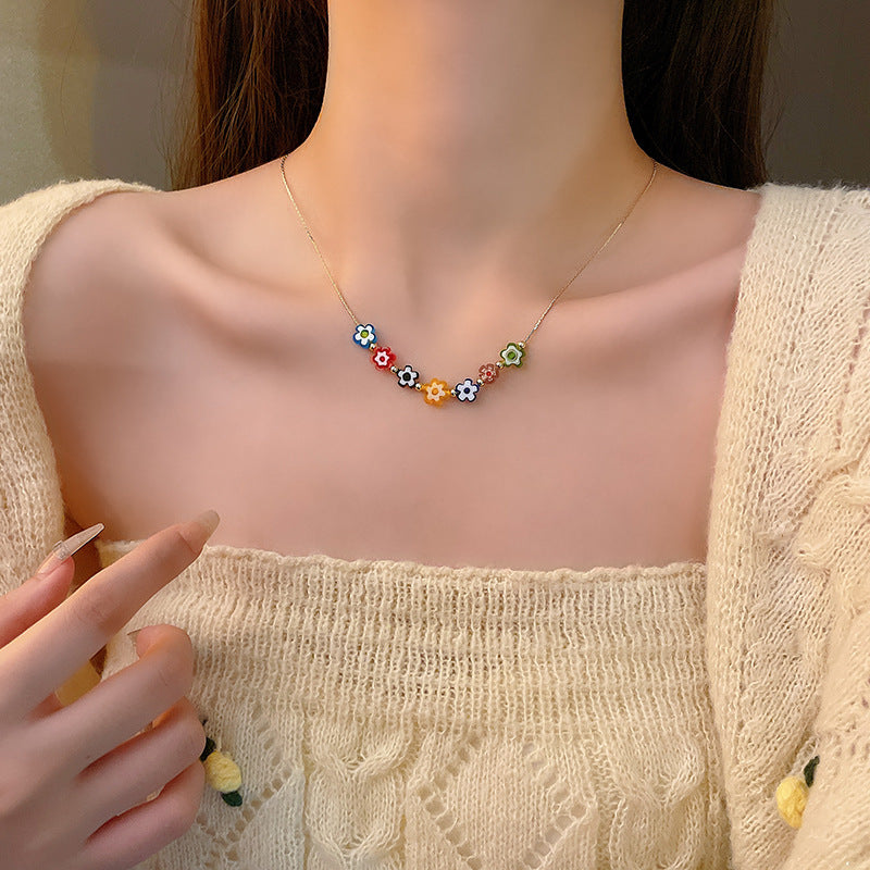 Wholesale Copper Colorful Glass Flower Pendant Necklace