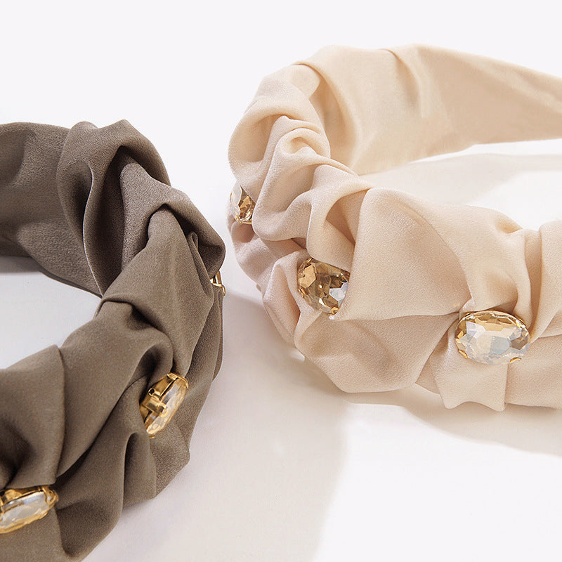 Wholesale Solid Color Cloth Art Wide Edge Rhinestone Metal Hair Band