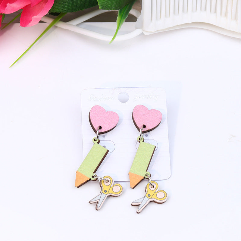 Wholesale Teacher's Day Pen Stripe Heart Wood Ear Studs