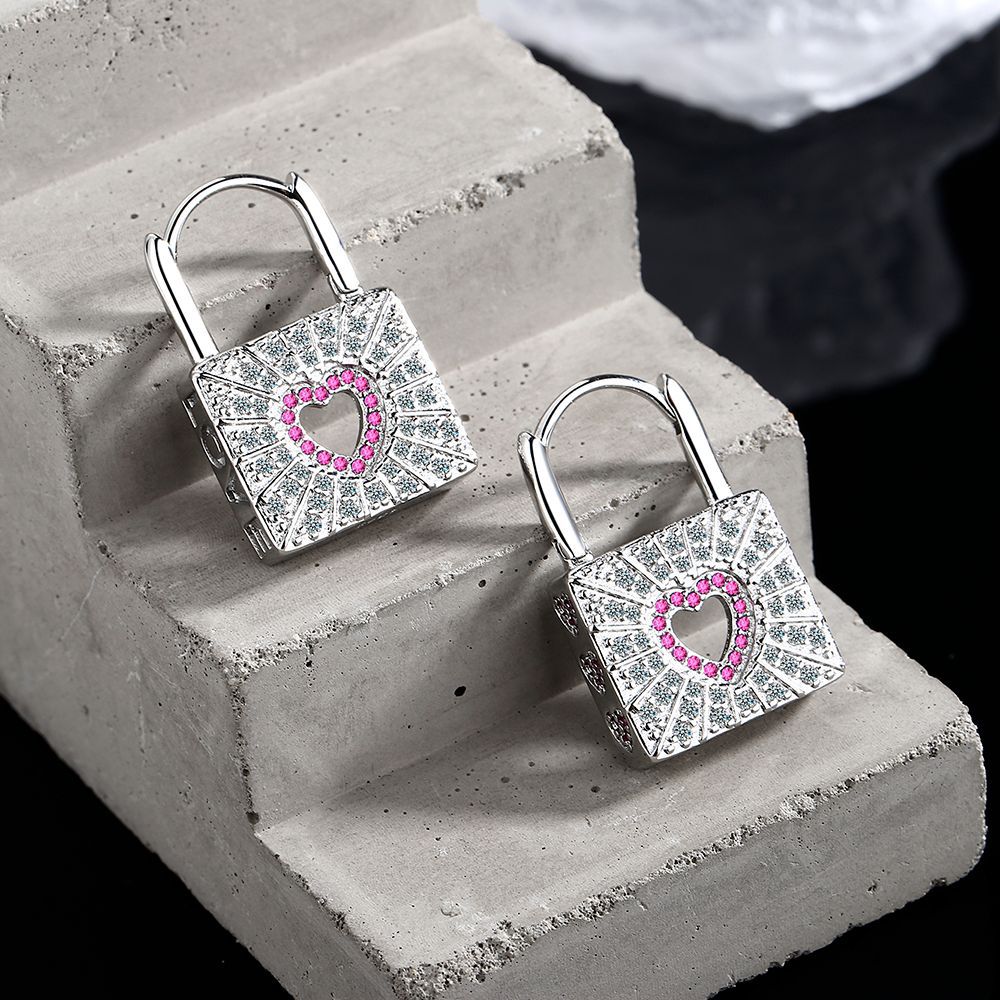 Wholesale Red Zirconia Diamond Heart Lock Copper Earrings