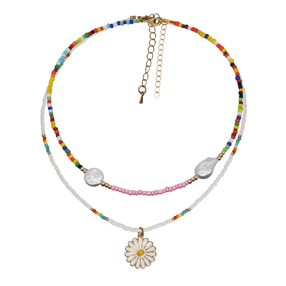 wholesale Plastic Colorful Hand Beaded Daisy Pendant Pearl Necklace